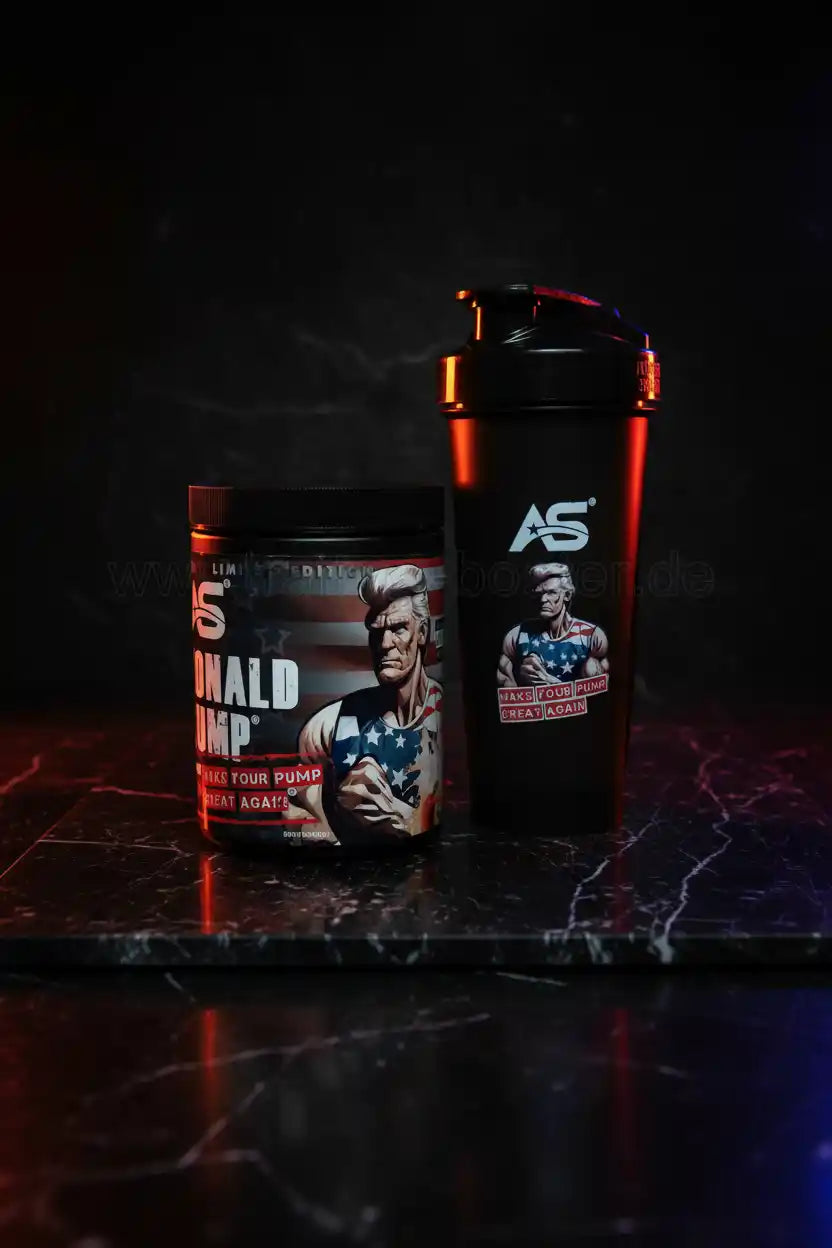 AS Donald Pump Booster & Shaker mit patriotischem Design für maximale Trainingsergebnisse