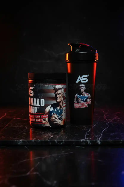 AS Donald Pump Booster & Shaker mit patriotischem Design für maximale Trainingsergebnisse