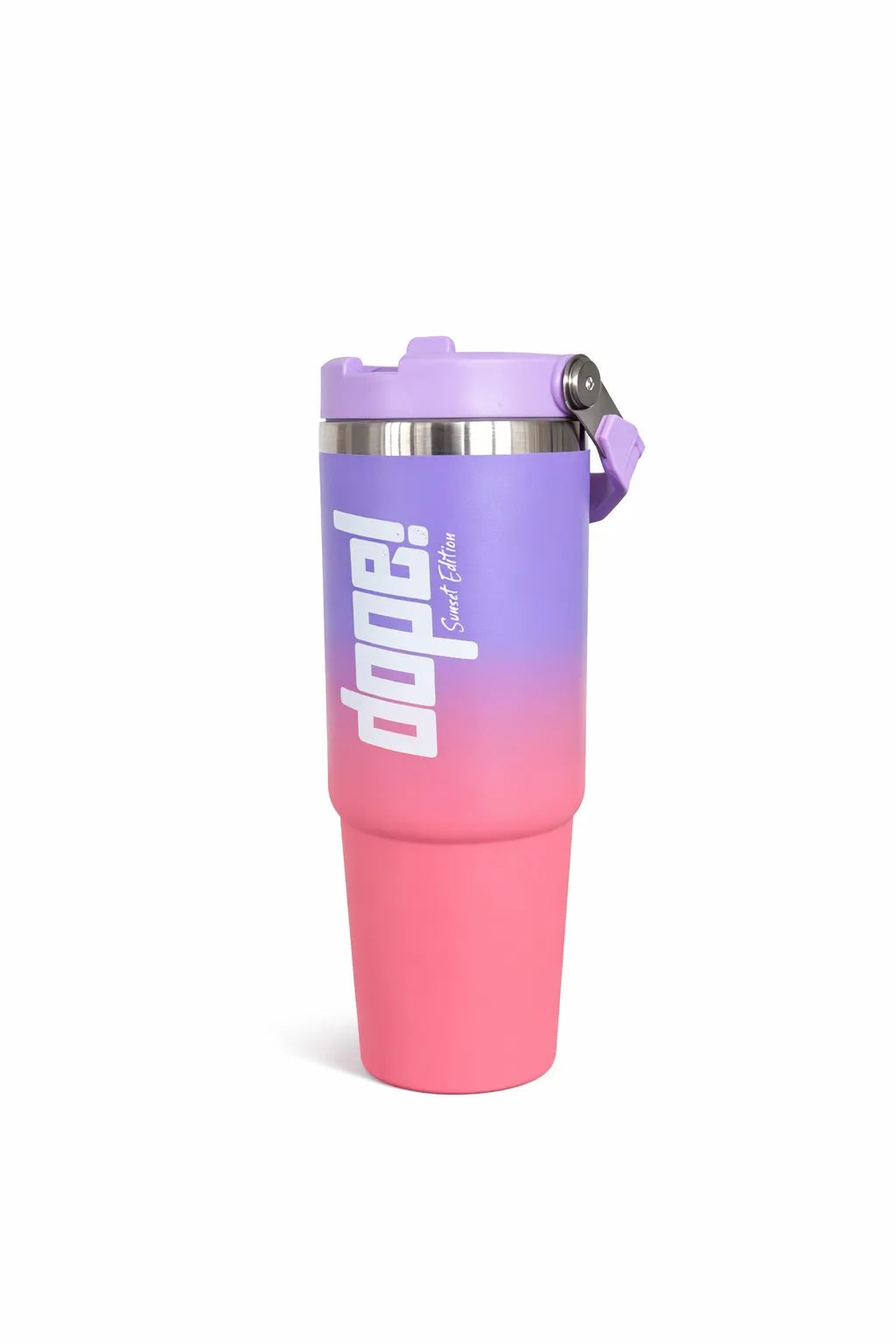 Dope! Sunset Edition Trinkflasche mit lila-rosa Farbverlauf und Deckel, ideal für Sport und Training