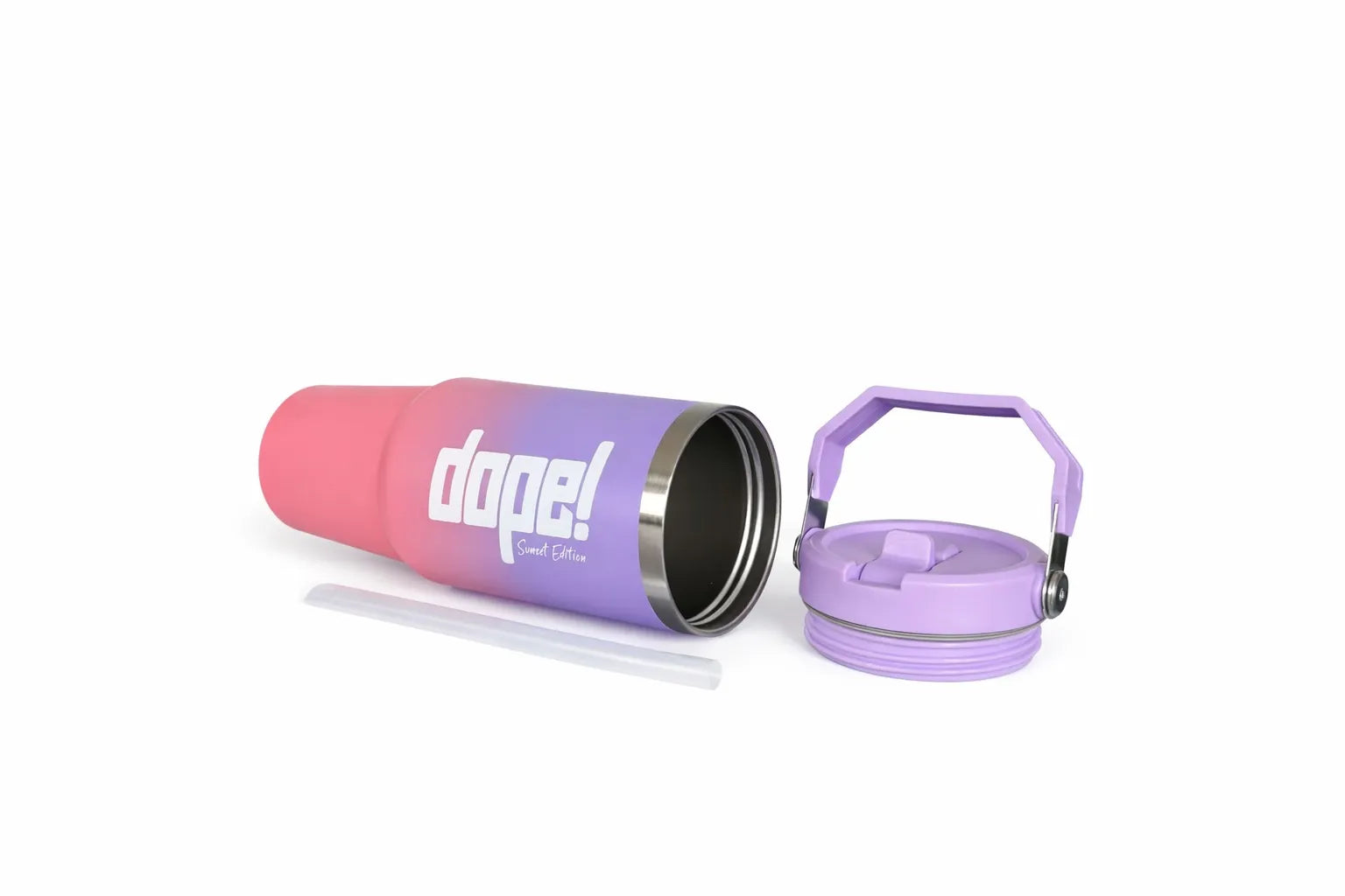 Dope! Sunset Edition Trinkflasche mit lila Deckel und Strohhalm für Sport und Training