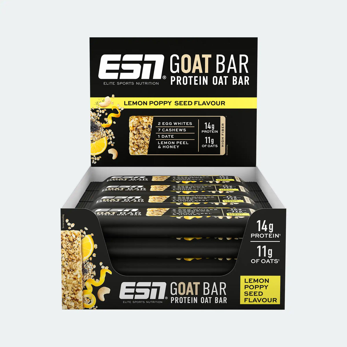 ESN Protein GOAT Oat Bar in der Geschmacksrichtung Lemon Poppy Seed im Displaykarton
