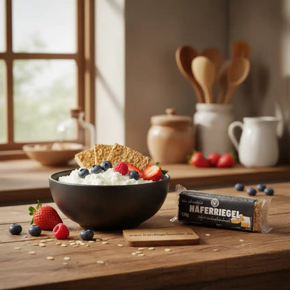 Schale mit Hüttenkäse, Haferflockenriegel, Beeren und Erdbeeren auf Holztisch in Küche