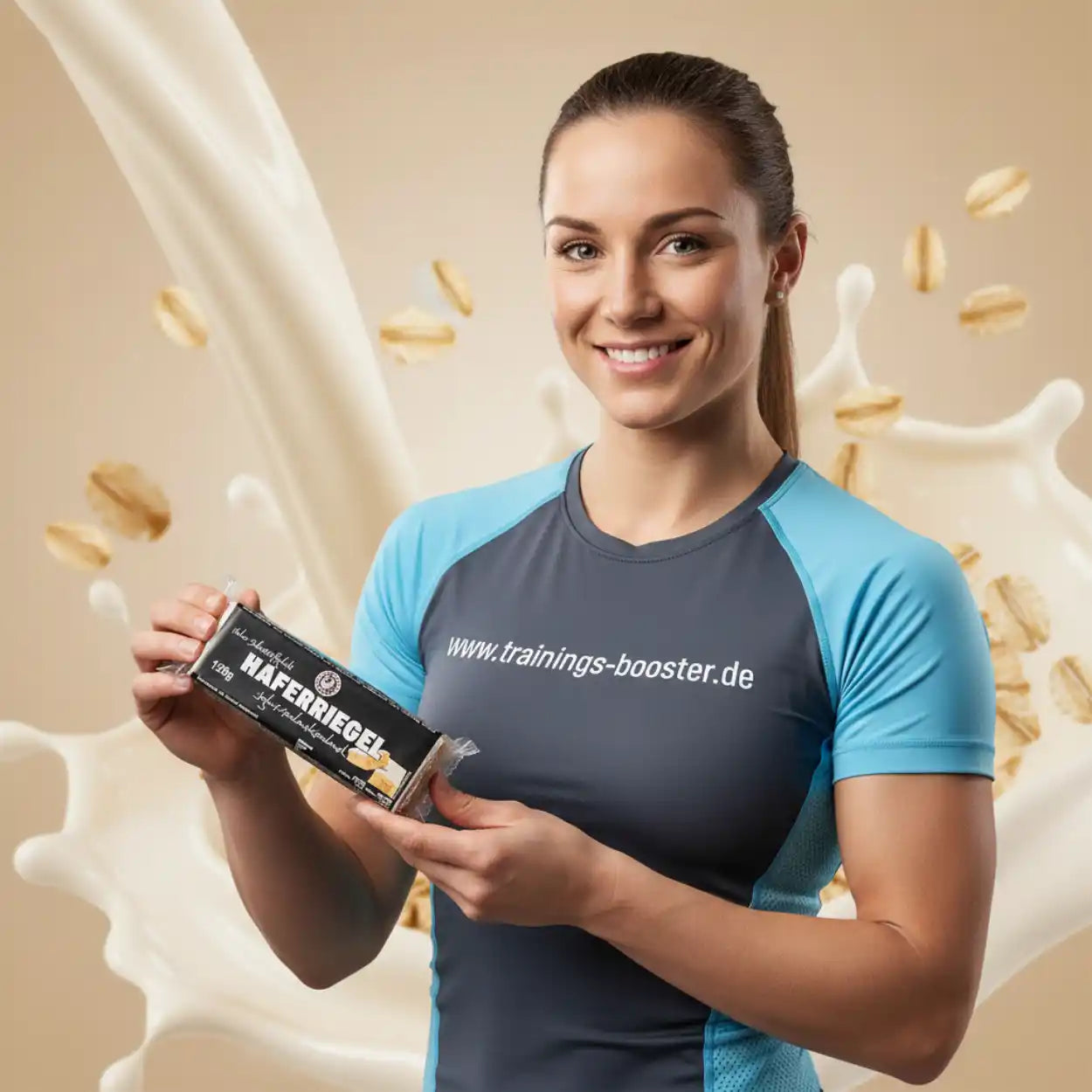 Sportlerin hält Hafer-Riegel, Hintergrund Milch und Haferflocken, Nahrungsergänzung
