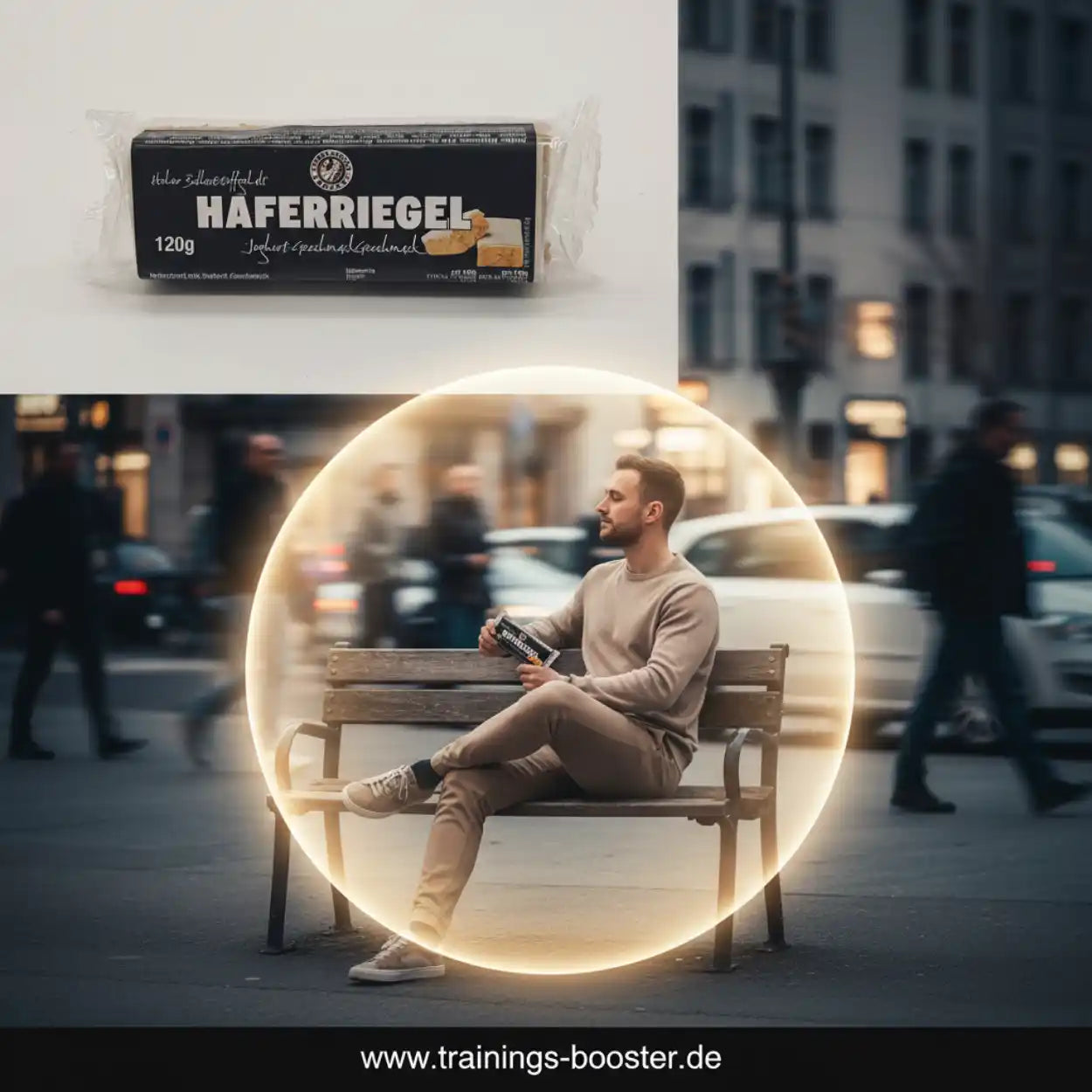 Hafer Riegel Fitnessriegel, Mann isst Proteinriegel auf Parkbank in der Stadt