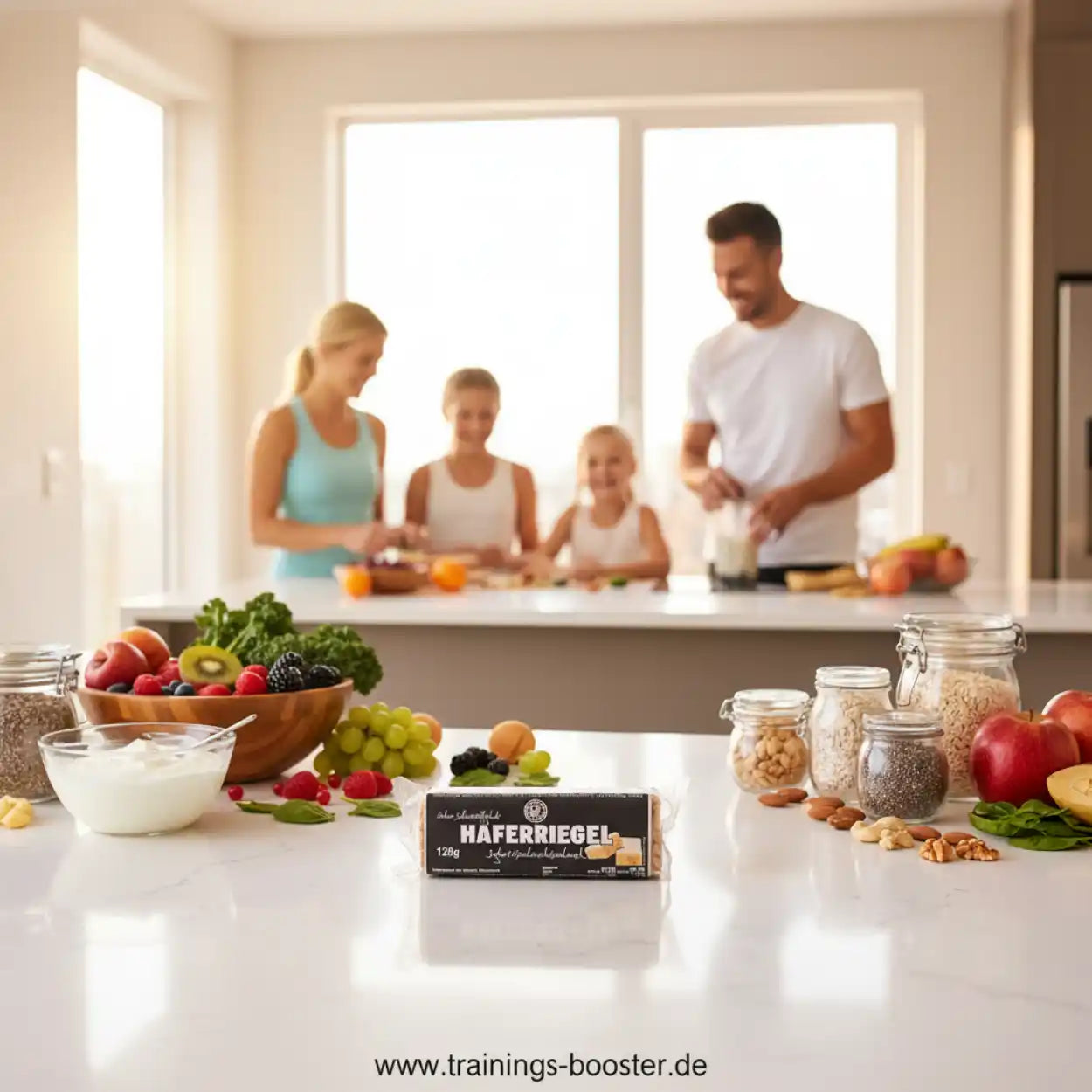 Haferflocken Proteinriegel auf Küchentisch mit Nüssen, Obst und Familie im Hintergrund