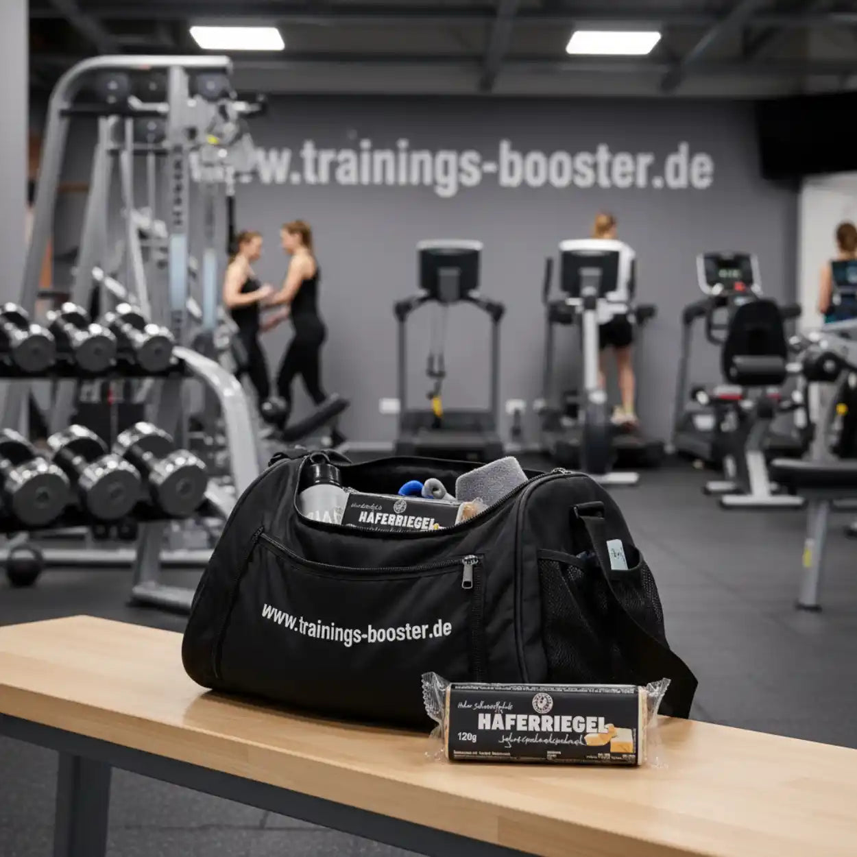 Sporttasche mit Haferiegel und Fitnesszubehör im Fitnessstudio, Hanteln und Cardiogeräte im Hintergrund