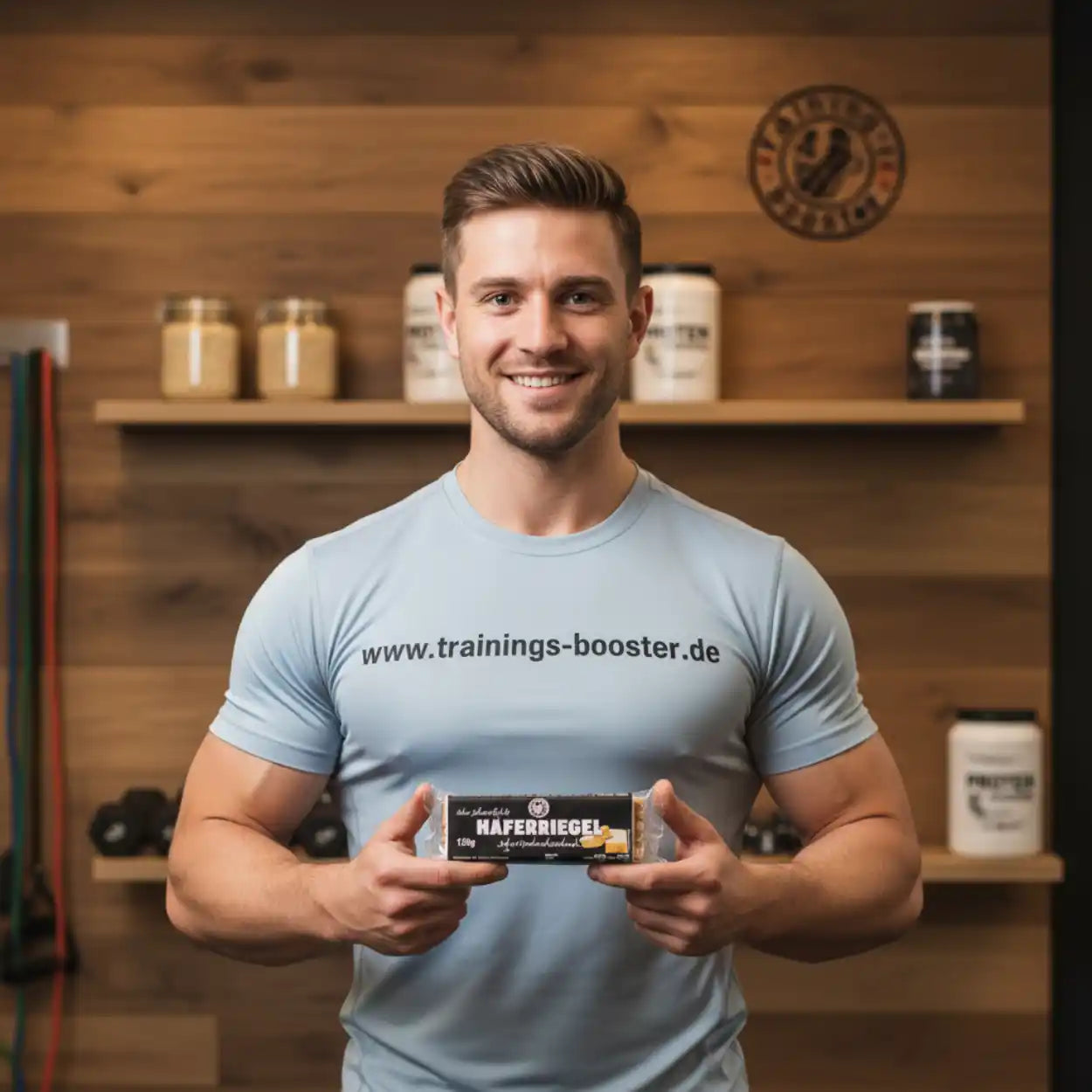 Muskulöser Mann hält Hafer-Riegel vor Fitnessregal mit Proteinpulver und Nahrungsergänzungsmitteln