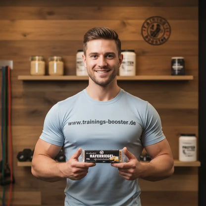Muskulöser Mann hält Hafer-Riegel vor Fitnessregal mit Proteinpulver und Nahrungsergänzungsmitteln