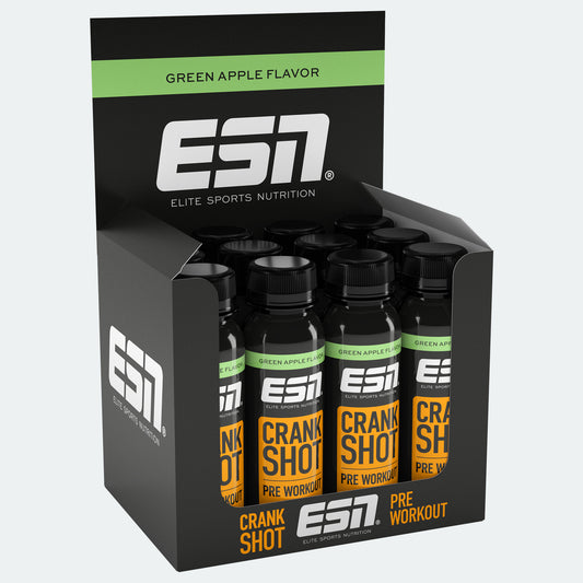 ESN Crank Shot Pre Workout Green Apple, Display mit kleinen Flaschen, Nahrungsergänzung für Sportler