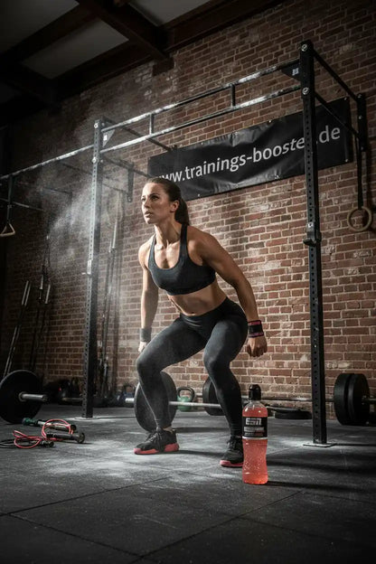 Frau beim Krafttraining mit ESI Booster-Getränk vor Brickwall und Fitnessgeräten