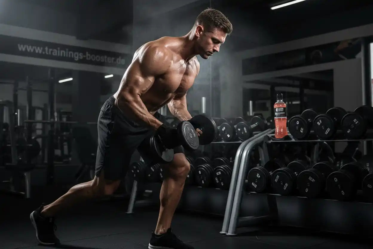 Muskulöser Mann beim Krafttraining mit Hanteln im Fitnessstudio, neben Sportnahrung