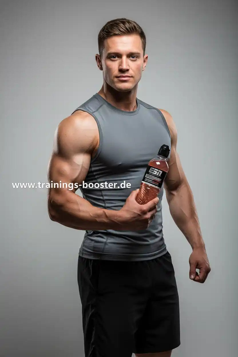 Muskulöser Mann mit Sportnahrung-Booster-Flasche, ideal für Fitness und Training