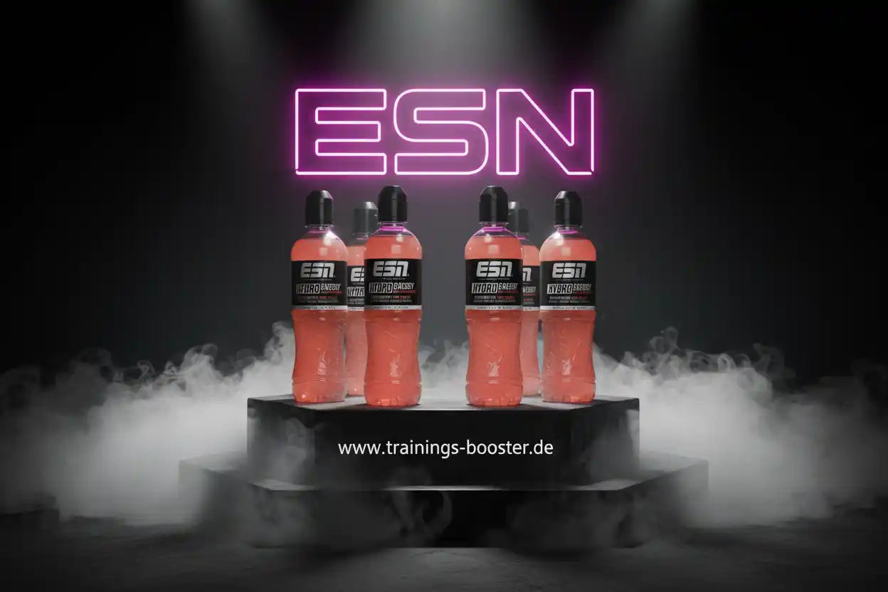 ESN Hydro Energy Booster in pink Flaschen vor Neon-Schild, ideal für Sport und Training