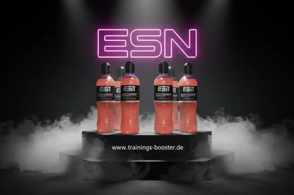 ESN Hydro Energy Booster in pink Flaschen vor Neon-Schild, ideal für Sport und Training