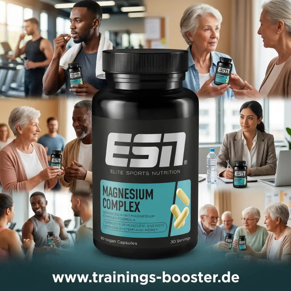 ESN Magnesium Complex Nahrungsergänzungsmittel in einer schwarzen Dose mit veganen Kapseln.