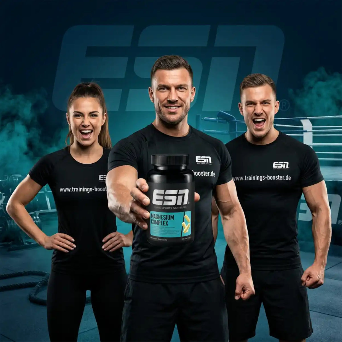 Drei Sportler präsentieren ESN Magnesium Complex Kapseln in einem Fitnessstudio.