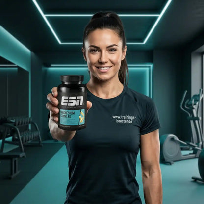 Sportliche Frau hält eine Dose ESN Magnesium Complex in einem modernen Fitnessstudio.