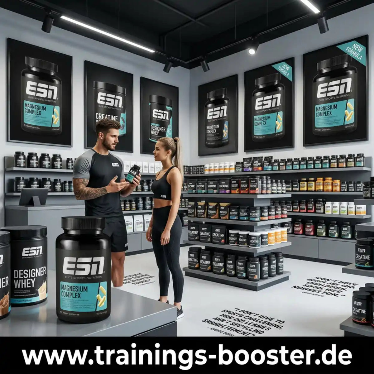 Ein Mann und eine Frau in einem ESN Store vor Regalen mit Magnesium Complex und Sportnahrung.