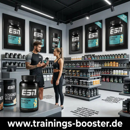 Ein Mann und eine Frau in einem ESN Store vor Regalen mit Magnesium Complex und Sportnahrung.