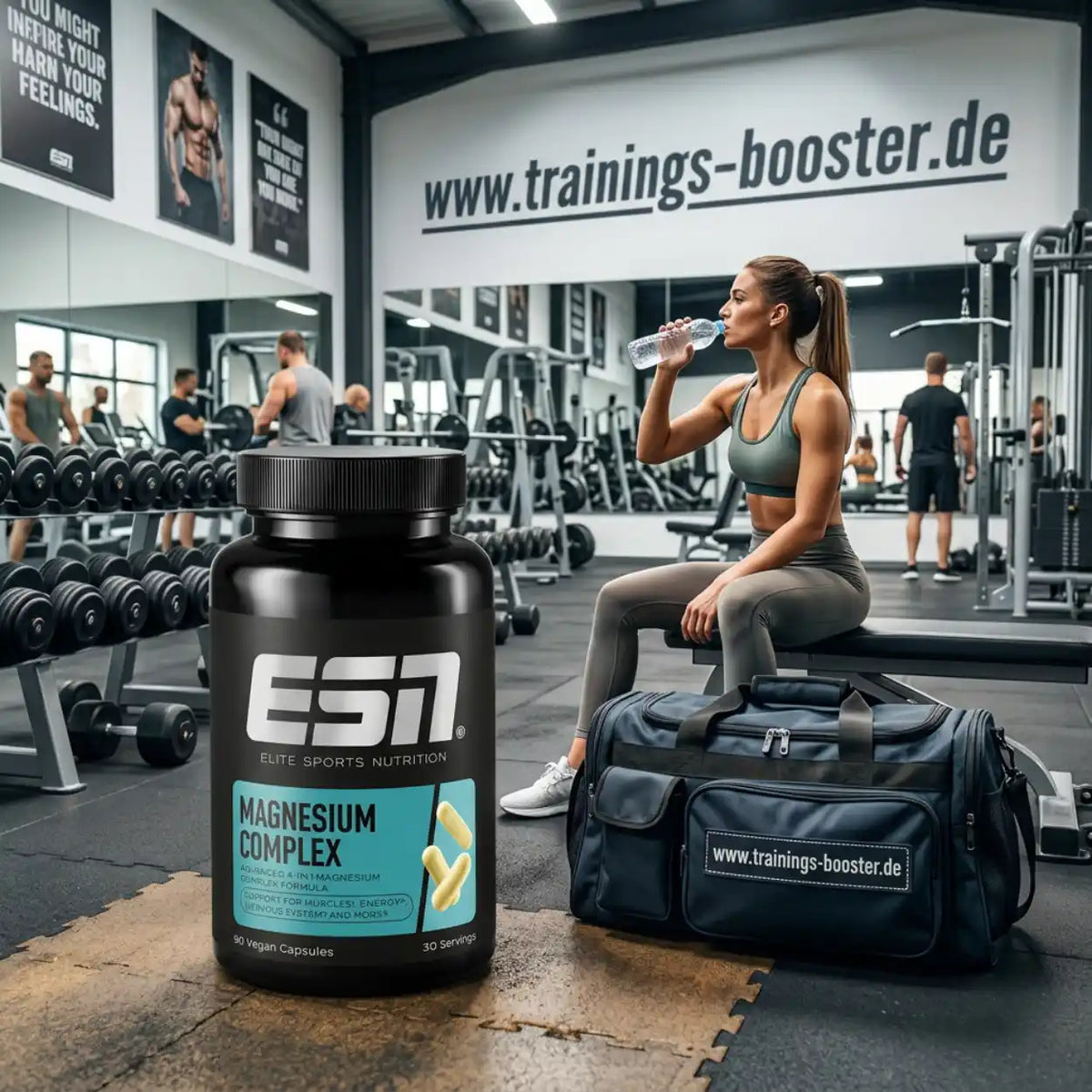 ESN Magnesium Complex Nahrungsergänzungsmittel vor einer Frau im Fitnessstudio.