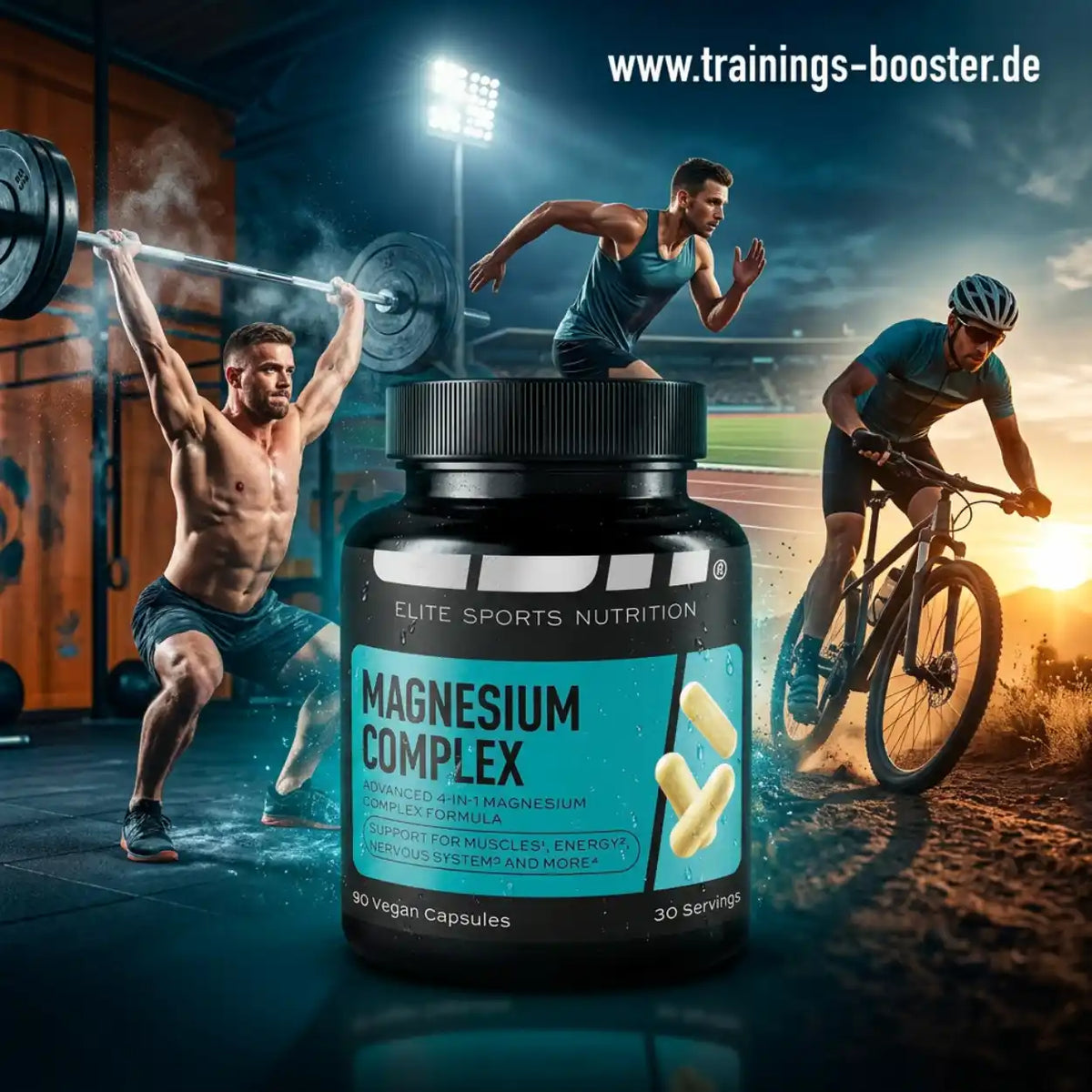 ESN Magnesium Complex Nahrungsergänzungsmittel für Muskeln und Energie vor sportlichem Hintergrund