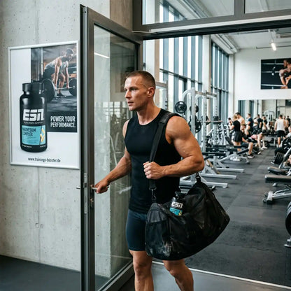 Muskulöser Mann mit Sporttasche betritt Fitnessstudio, ESN Magnesium Complex Poster im Hintergrund