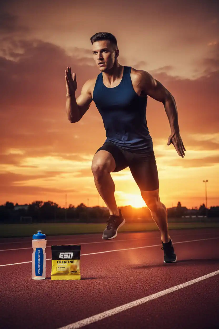 Athlet auf Laufbahn mit ESN Creatine und Trinkflasche bei Sonnenuntergang – ideal für Training & Fitness
