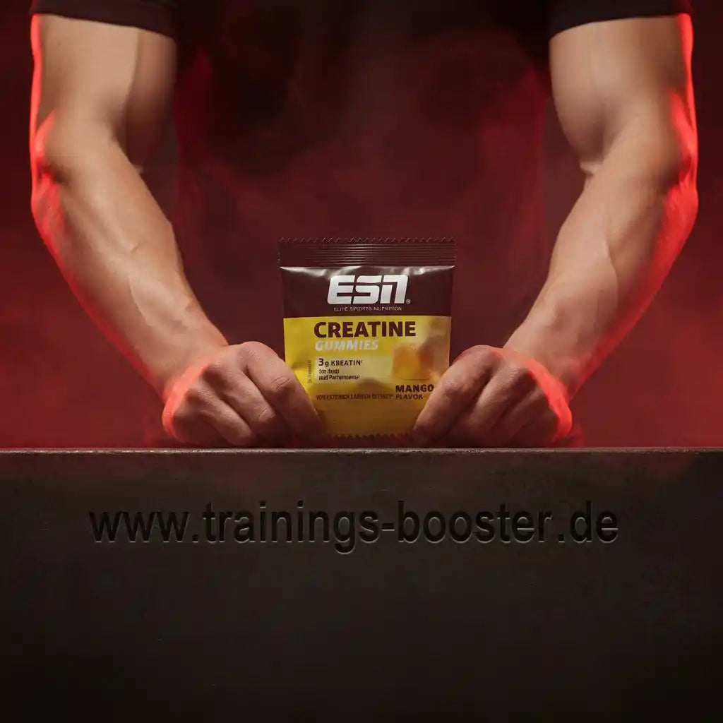 Muskulöse Hände halten ESN Creatine Gummies Mango – ideal für Sport & Training