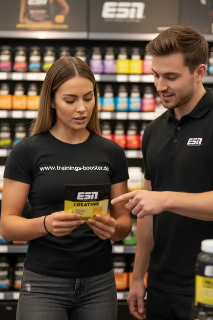 Mann und Frau betrachten ESN Creatine in Sportnahrungsladen, trainings-booster.de