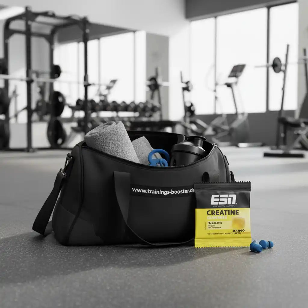 ESN Creatine Gummies Mango vor Fitness-Tasche im Studio – ideal für Training & Muskelaufbau