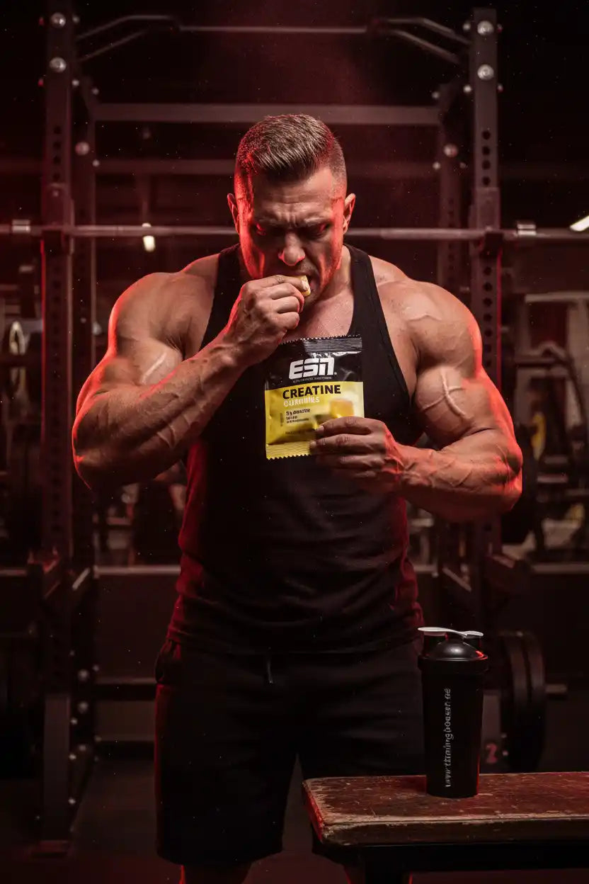 Muskulöser Mann isst Creatine Gummies im Fitnessstudio – ideal für Training & Muskelaufbau