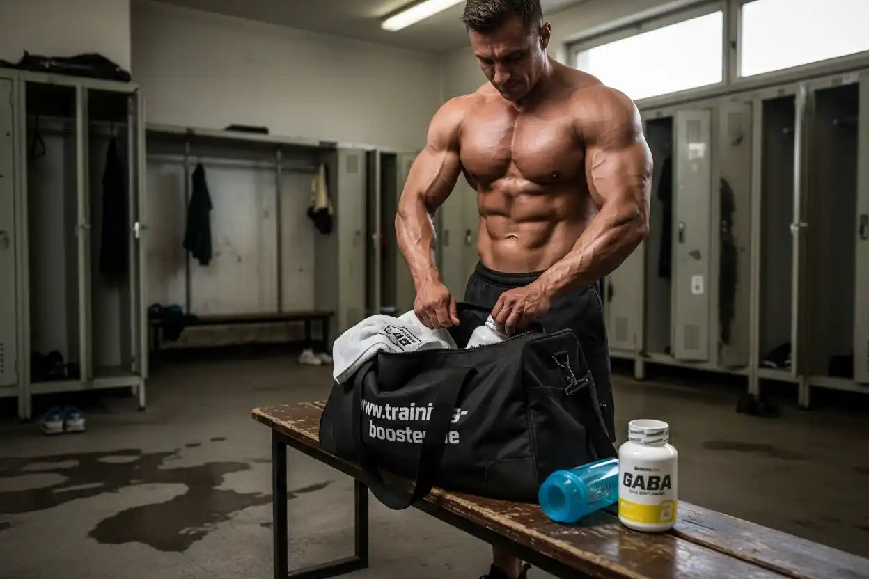 Muskulöser Athlet mit GABA-Booster und Trainingsbag im Umkleideraum