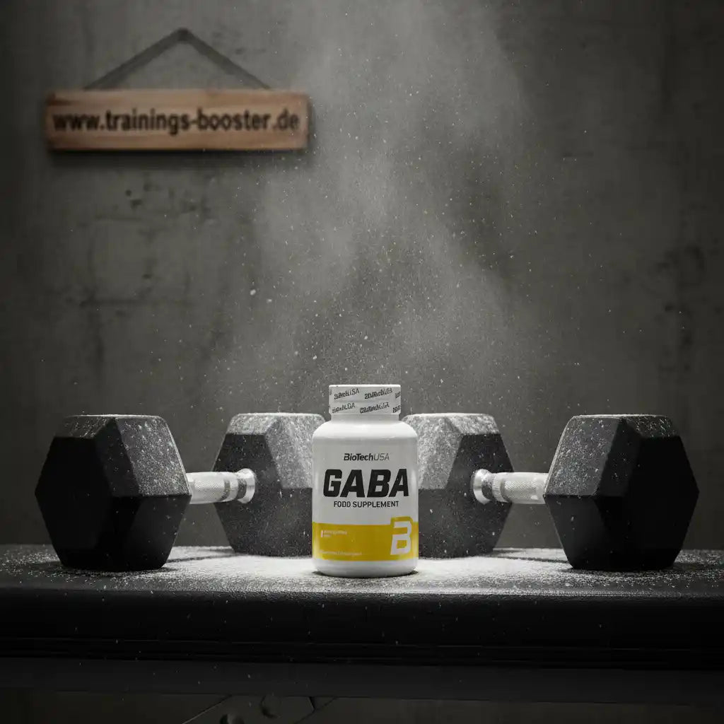 GABA Nahrungsergänzungsmittel von BioTechUSA mit Hanteln im Fitness-Setting