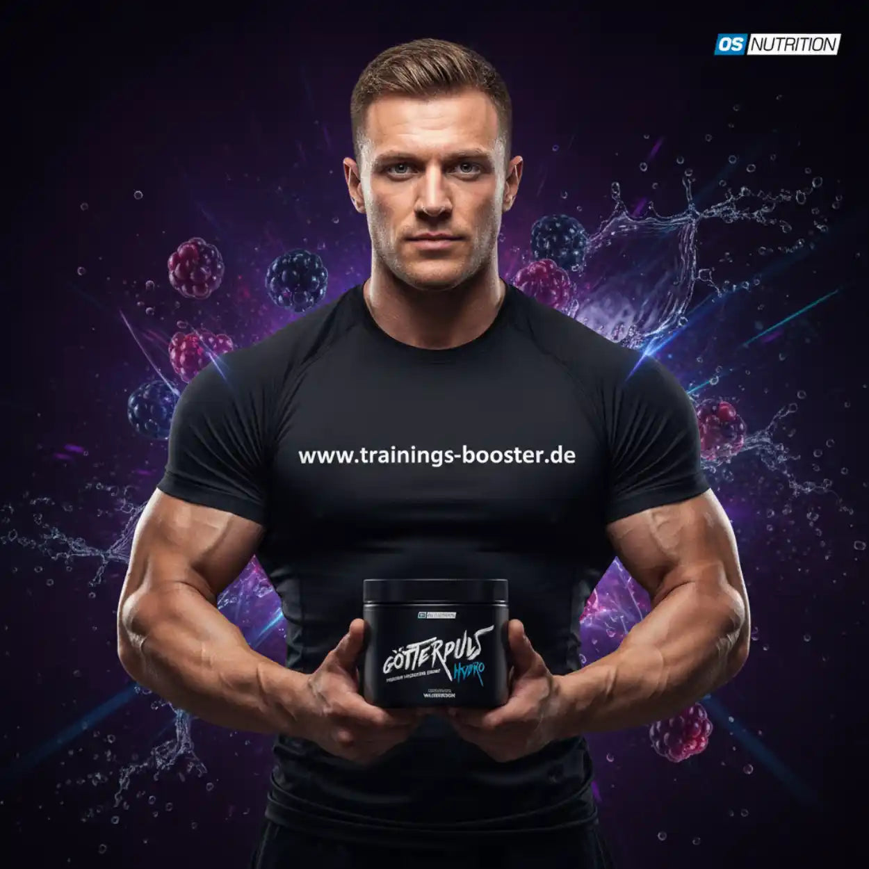 Muskulöser Mann hält OS Nutrition Götterpuls Hydro Booster – Energie fürs Training