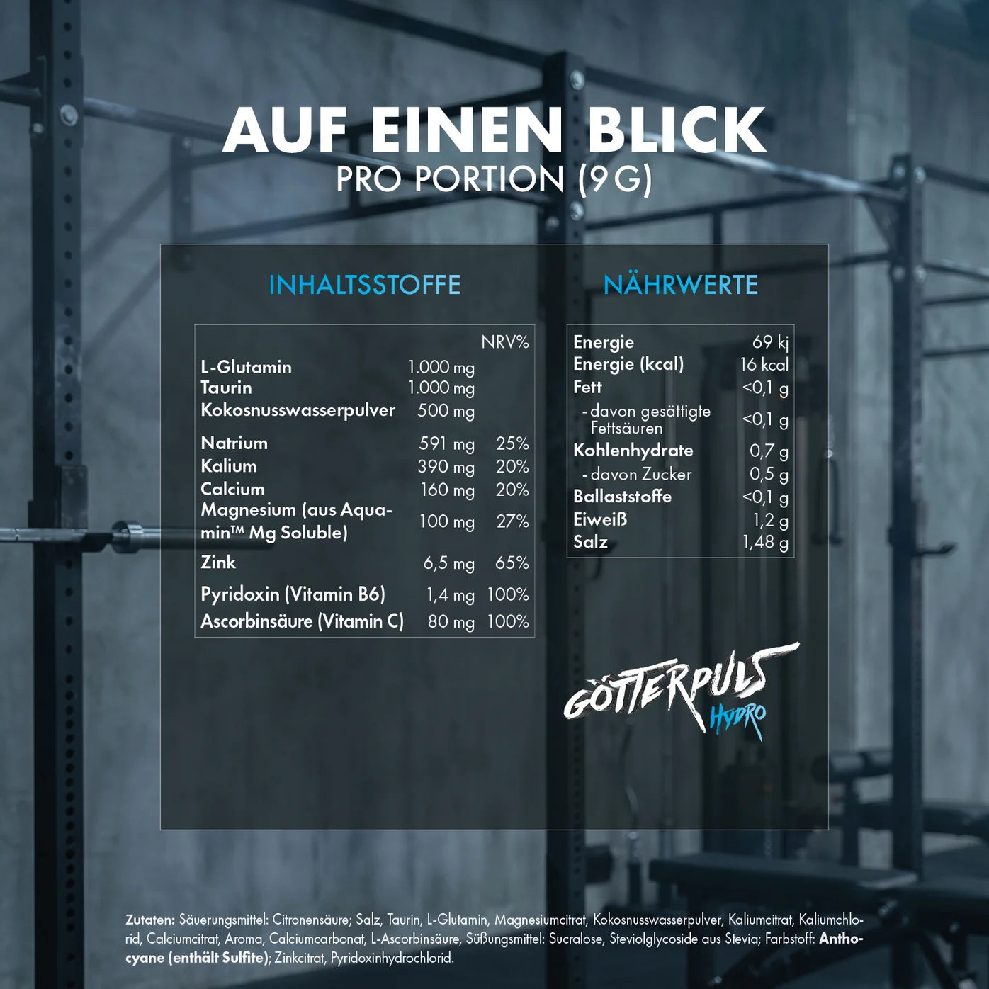 Götterpuls Hydro Nährwerttabelle mit Inhaltsstoffen wie L-Glutamin, Taurin und Vitaminen pro Portion für Sportler