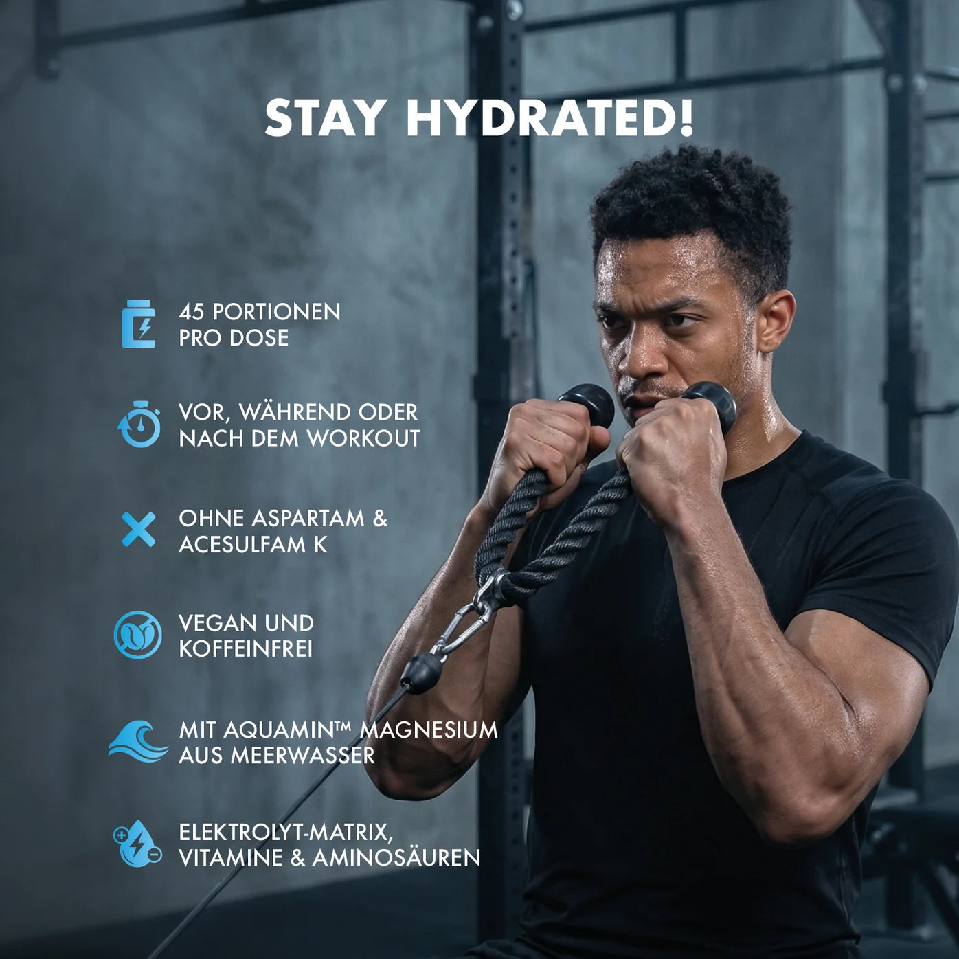 Muskulöser Mann beim Training mit Seilzug, Stay Hydrated! – Elektrolyt-Booster mit Magnesium & Aminosäuren