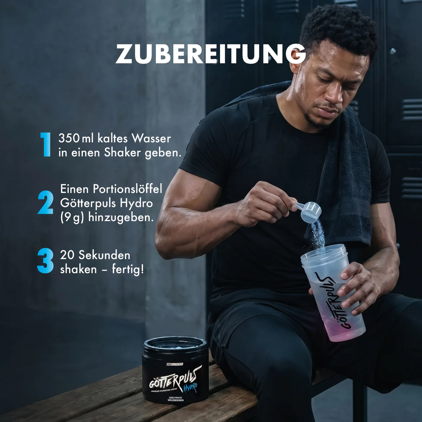 Athlet bereitet Göttpuls Hydro in Shaker vor – Sportnahrung & Booster für Training