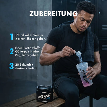 Athlet bereitet Göttpuls Hydro in Shaker vor – Sportnahrung & Booster für Training