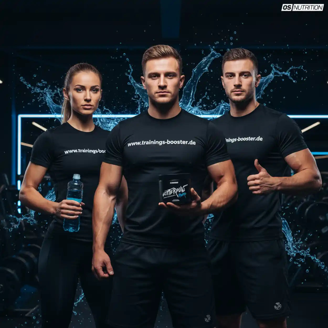 Muskeltrainings-Booster mit Sportlern im Fitnessstudio, Wasserflasche und Energieprodukt