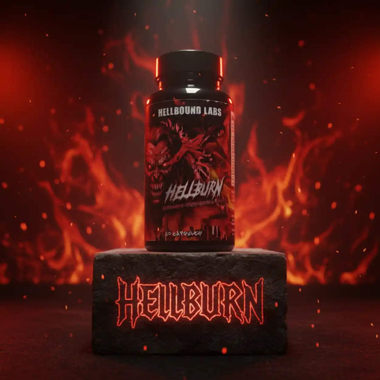 Hellburn Fatburner von Hellbound Labs vor flammendem Hintergrund, ideal für Sport und Fitness