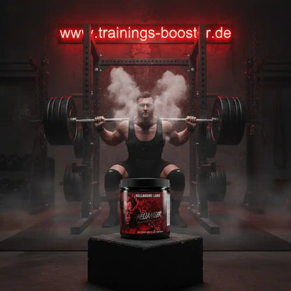 Muskelmann mit Hantel und Nahrungsergänzungsmittel im Fitnessstudio
