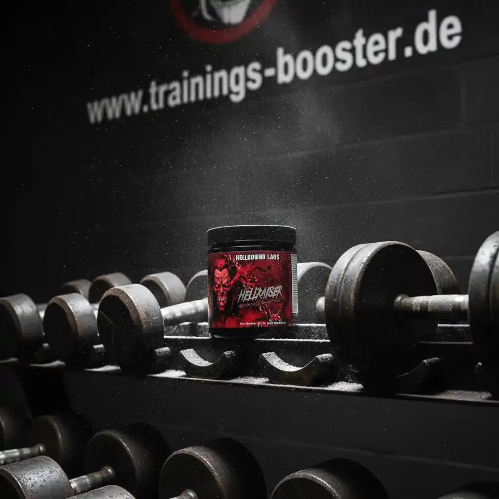 Hellraiser Pre-Workout von Hellbound Labs auf Hantelbank im Fitnessstudio