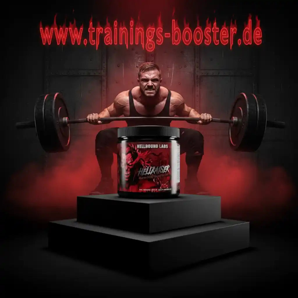 Muskelmann mit Hantel und Hellraiser Booster von Hellbound Labs für intensives Training