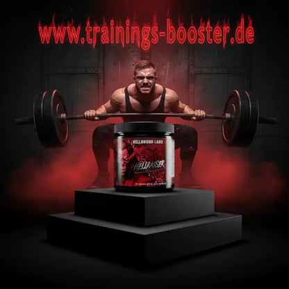 Muskelmann mit Hantel und Hellraiser Booster von Hellbound Labs für intensives Training