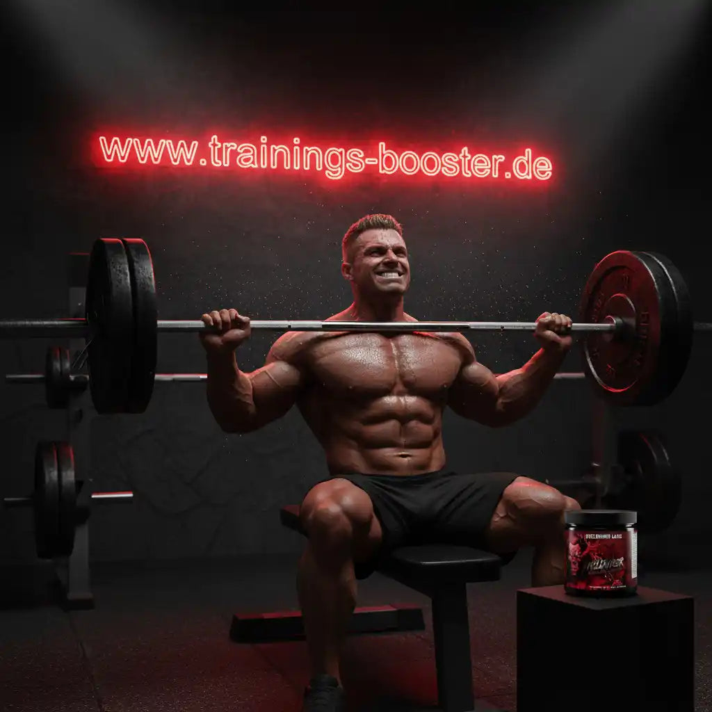 Muskulöser Mann beim Gewichtheben mit Booster-Produkt im Fitnessstudio