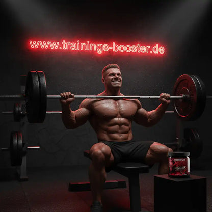 Muskulöser Mann beim Gewichtheben mit Booster-Produkt im Fitnessstudio