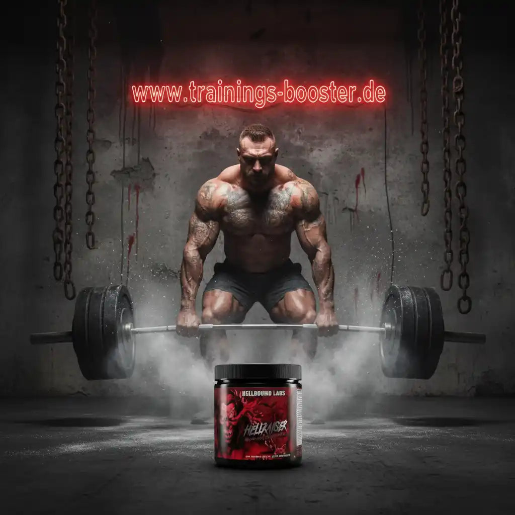 Muskulöser Mann hebt Gewichte mit Hellraiser Booster von Hellbound Labs