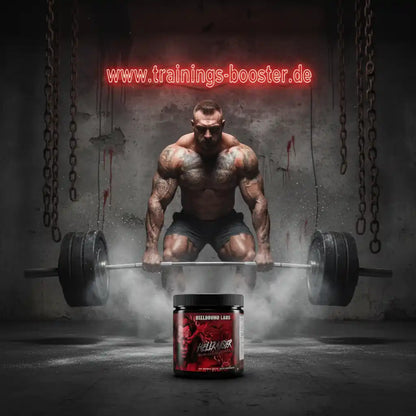 Muskulöser Mann hebt Gewichte mit Hellraiser Booster von Hellbound Labs