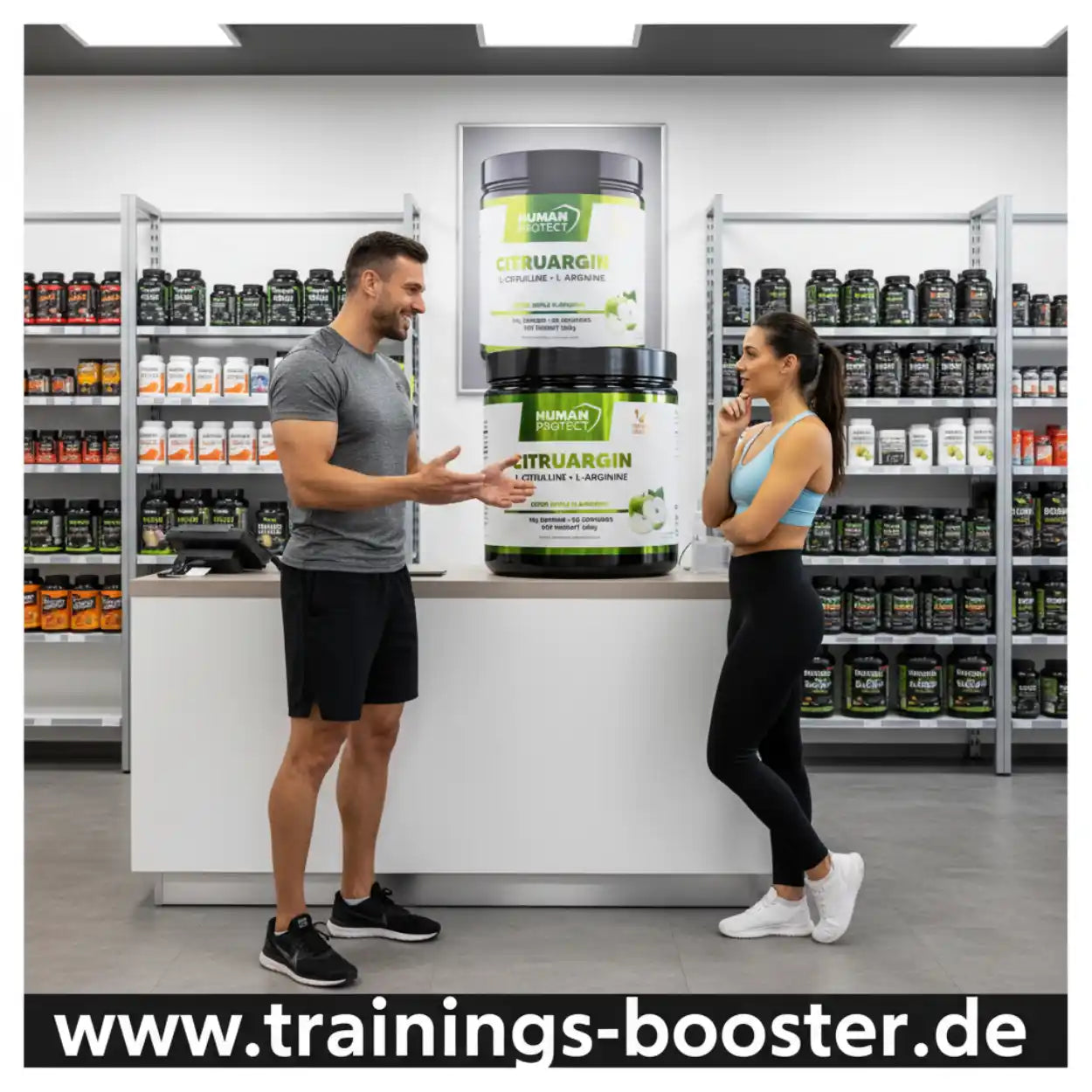 Mann und Frau im Supplement-Shop vor riesigen Dosen Citrurgin Sportnahrung