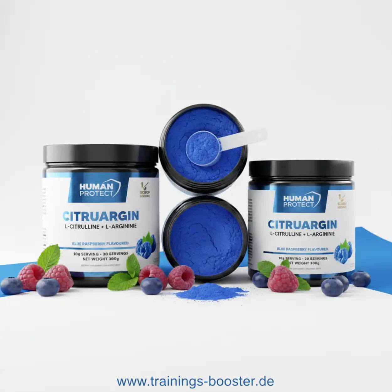 Human Protect Citruargin Sportnahrung in Blauem Himbeergeschmack mit frischen Beeren